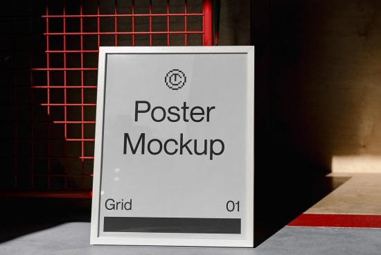Realistic poster mockup in frame leaning against textured wall with geometric grid background, ideal for displaying designs in portfolios.